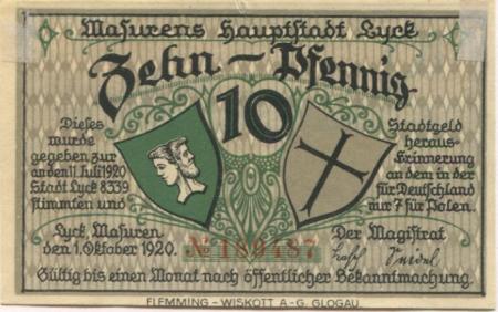 Lyck (heute: PL-Elk) - Stadt - 1.10.1920 - 10 Pfennig 