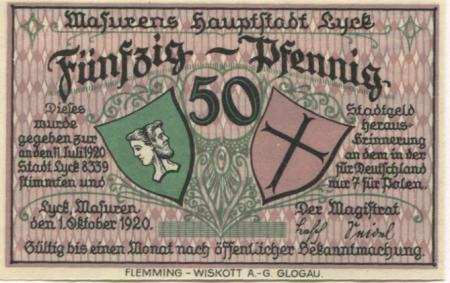 Lyck (heute: PL-Elk) - Stadt - 1.10.1920 - 50 Pfennig 