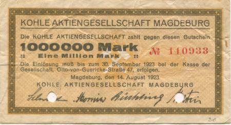 Magdeburg - Kohle AG, Otto von Guericke-Str. 47 - 14.8.1923 - 30.9.1923 - 1 Million Mark 