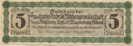 Magdeburg - Saccharin-Fabrik AG, vormals Fahlberg, List & Co, Magdeburg-Südost - -- - 5 Pfennig 