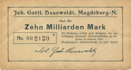 Magdeburg-Neustadt- Hauswaldt, Johann Gottlieb, Schokoladefabrik, Lübecker Str. 13 - -- - 10 Milliarden Mark 