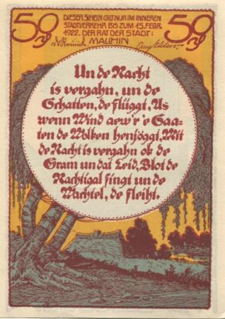 Malchin - Stadt - - 15.2.1922 - 50 Pfennig 