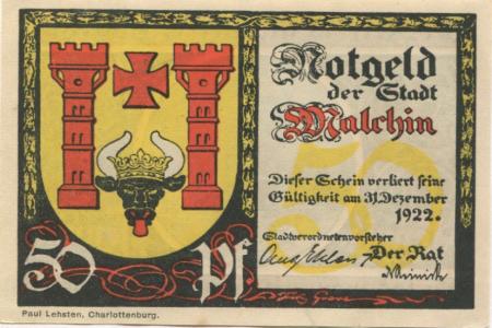 Malchin - Stadt - - 31.12.1922 - 50 Pfennig 