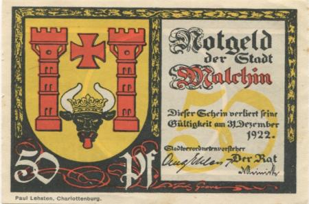 Malchin - Stadt - - 31.12.1922 - 50 Pfennig 