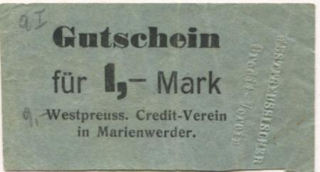 Marienwerder (heute: PL-Kwidzyn) - Westpreußischer Credit-Verein - -- - 1 Mark 