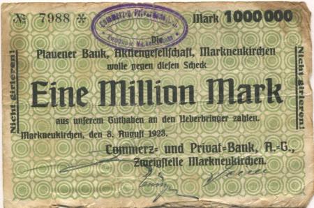 Markneukirchen - Commerz- und Privat-Bank AG, Zweigstelle Markneukirchen - 8.8.1923 - 1 Million Mark 