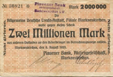 Markneukirchen - Plauener Bank AG - 8.8.1923 - 2 Millionen Mark 
