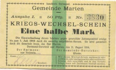 Marten (und Dortmund-Dorstfeld) - Gemeinde - 11.8.1914 - 1/2 Mark 