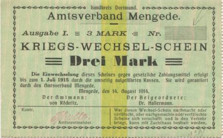 Mengede (heute: Dortmund) - Amtsverband - 14.8.1914 - 3 Mark 