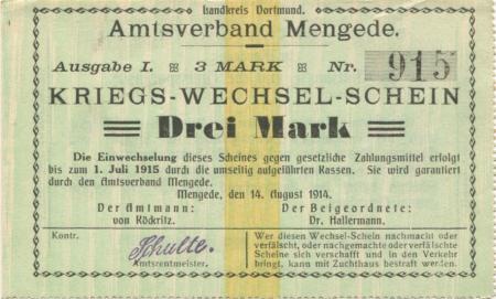Mengede (heute: Dortmund) - Amtsverband - 14.8.1914 - 3 Mark 