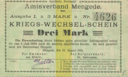 Mengede (heute: Dortmund) - Amtsverband - 14.8.1914 - 3 Mark 