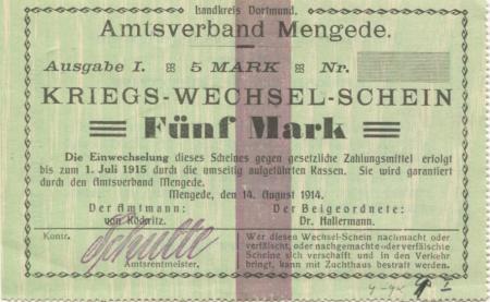 Mengede (heute: Dortmund) - Amtsverband - 14.8.1914 - 5 Mark 