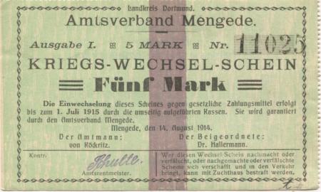 Mengede (heute: Dortmund) - Amtsverband - 14.8.1914 - 5 Mark 
