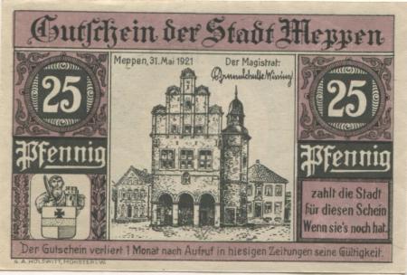 Meppen - Stadt - 31.5.1921 - 25 Pfennig 