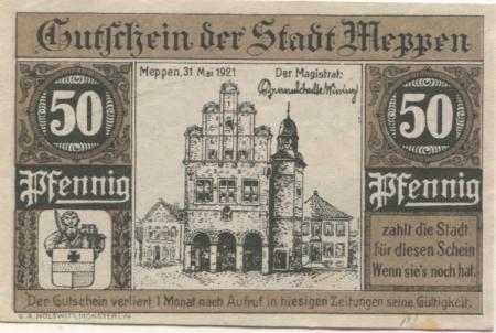Meppen - Stadt - 31.5.1921 - 50 Pfennig 