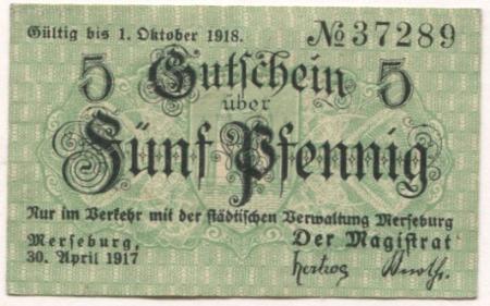 Merseburg - Stadt - 30.4.1917 - 1.10.1918 - 5 Pfennig 