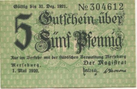 Merseburg - Stadt - 1.5.1920 - 31.12.1921 - 5 Pfennig 