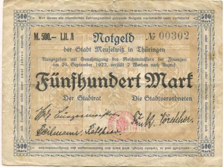 Meuselwitz - Stadt - 29.9.1922 - 500 Mark 