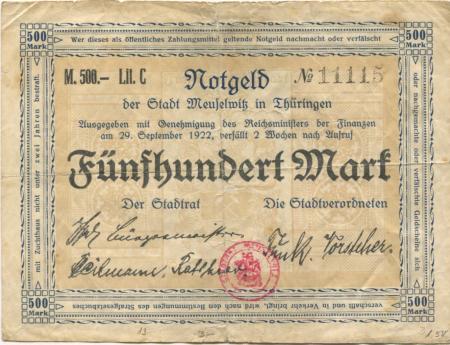 Meuselwitz - Stadt - 29.9.1922 - 500 Mark 