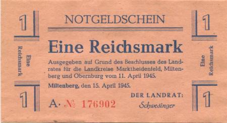 Miltenberg - Kreise Marktheidenfeld, Miltenberg und Obernburg - 15.4.1945 - 1 Mark 