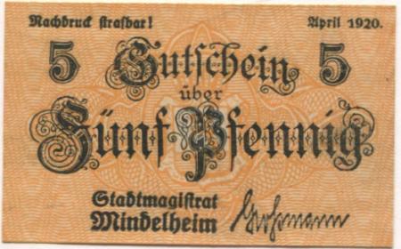 Mindelheim - Stadt - April 1920 - 5 Pfennig 