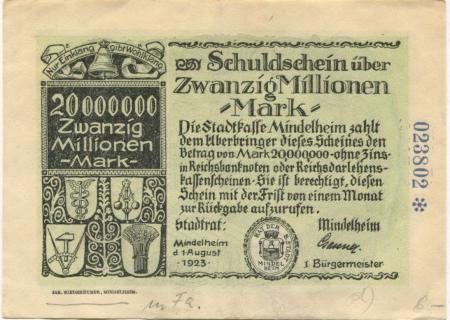 Mindelheim - Stadt - 1.8.1923 - 20 Millionen Mark 