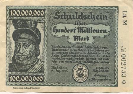 Mindelheim - Stadt - 1.8.1923 - 100 Millionen Mark 