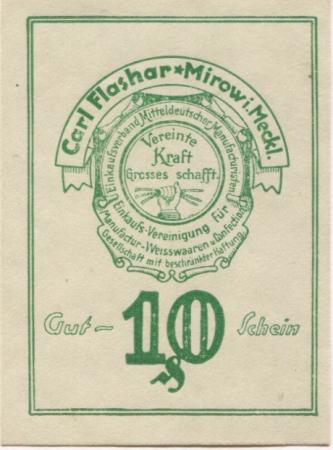 Mirow -Flashaar, Carl, Einkaufsverband Mitteldeutscher Manufacturisten, Einkaufsvereinigung für Manufactur-Weißwaaren-Confection GmbH - -- - 10 Pfennig 