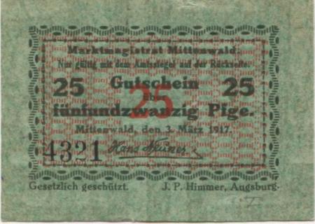 Mittenwald - Markt - 3.3.1917 - 25 Pfennig 