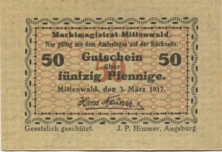 Mittenwald - Markt - 3.3.1917 - 50 Pfennig 