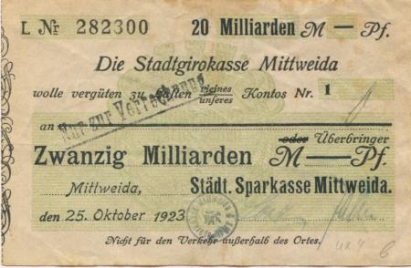 Mittweida - Städtische Sparkasse - 25.10.1923 - 20 Milliarden Mark 