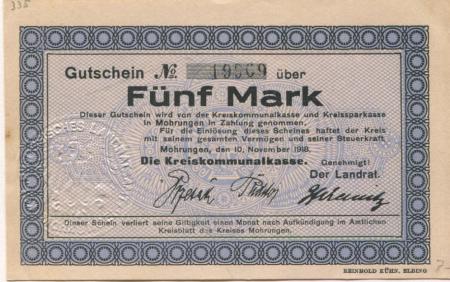 Mohrungen (heute: PL-Morag) - Kreis - 10.11.1918 - 5 Mark 