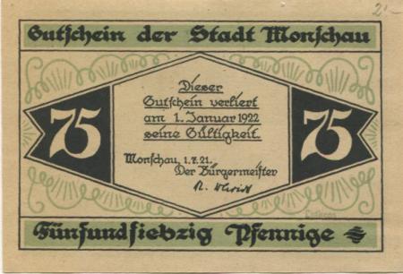 Monschau - Stadt - 1.7.1921 - 1.1.1922 - 75 Pfennig 
