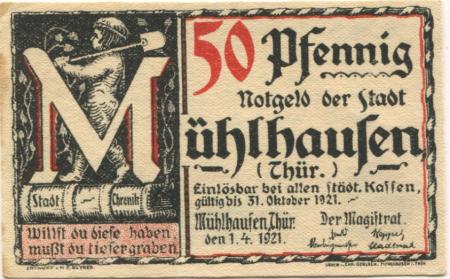 Mühlhausen - Stadt - 1.4.1921 - 31.10.1921 - 50 Pfennig 