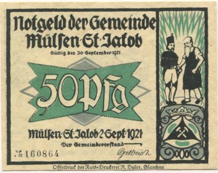 Mülsen-Sankt Jakob - Gemeinde - 2.9.1921 - 30.9.1921 - 50 Pfennig 