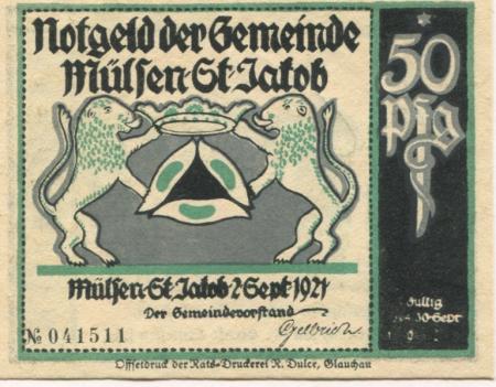Mülsen-Sankt Jakob - Gemeinde - 2.9.1921 - 30.9.1921 - 50 Pfennig 
