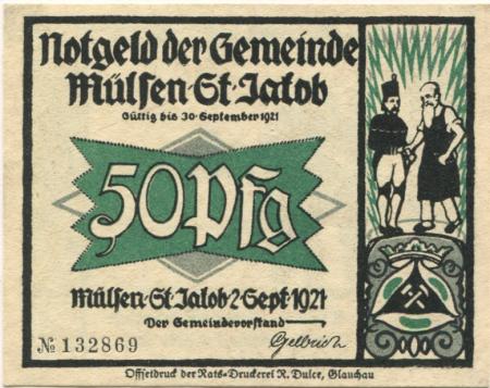 Mülsen-Sankt Jakob - Gemeinde - 2.9.1921 - 30.9.1921 - 50 Pfennig 
