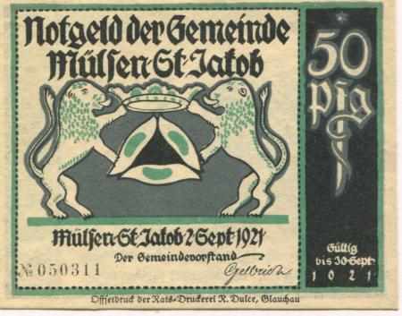 Mülsen-Sankt Jakob - Gemeinde - 2.9.1921 - 30.9.1921 - 50 Pfennig 