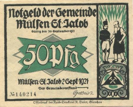 Mülsen-Sankt Jakob - Gemeinde - 2.9.1921 - 30.9.1921 - 50 Pfennig 