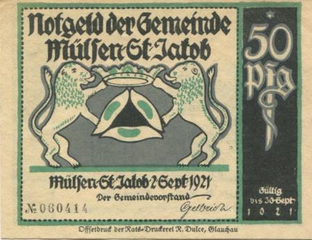 Mülsen-Sankt Jakob - Gemeinde - 2.9.1921 - 30.9.1921 - 50 Pfennig 