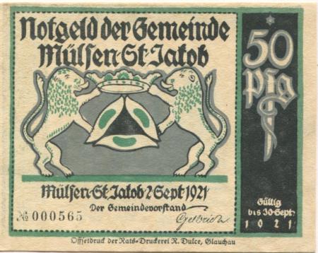 Mülsen-Sankt Jakob - Gemeinde - 2.9.1921 - 30.9.1921 - 50 Pfennig 