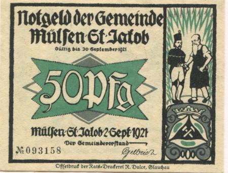 Mülsen-Sankt Jakob - Gemeinde - 2.9.1921 - 30.9.1921 - 50 Pfennig 