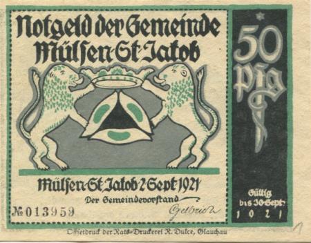 Mülsen-Sankt Jakob - Gemeinde - 2.9.1921 - 30.9.1921 - 50 Pfennig 
