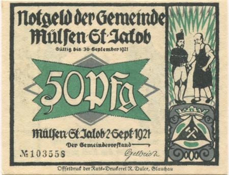 Mülsen-Sankt Jakob - Gemeinde - 2.9.1921 - 30.9.1921 - 50 Pfennig 