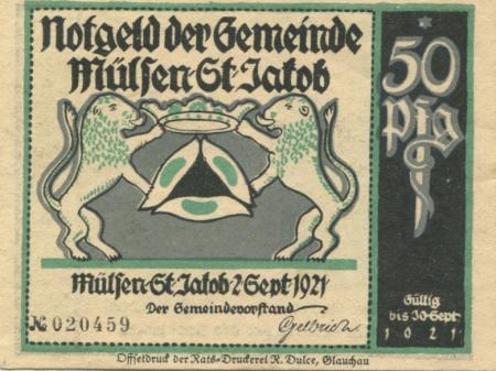 Mülsen-Sankt Jakob - Gemeinde - 2.9.1921 - 30.9.1921 - 50 Pfennig 