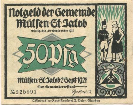 Mülsen-Sankt Jakob - Gemeinde - 2.9.1921 - 30.9.1921 - 50 Pfennig 