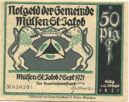 Mülsen-Sankt Jakob - Gemeinde - 2.9.1921 - 30.9.1921 - 50 Pfennig 