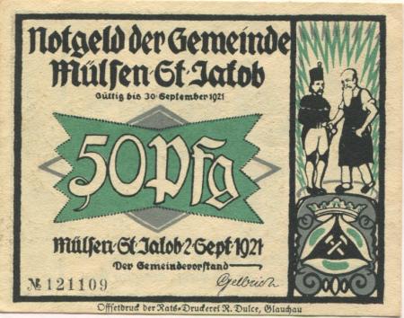Mülsen-Sankt Jakob - Gemeinde - 2.9.1921 - 30.9.1921 - 50 Pfennig 