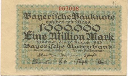 München - Bayerische Notenbank - 20.8.1923 - ab 1.1.1924 - 1 Million Mark 