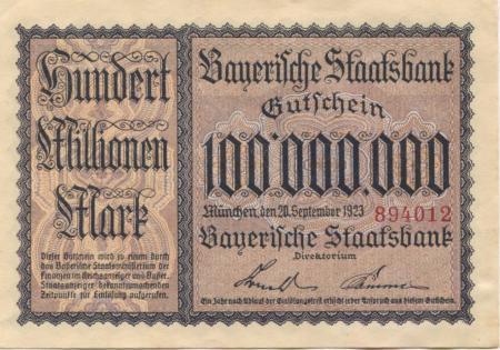 München - Bayerische Staatsbank - 20.9.1923 - 100 Millionen Mark 